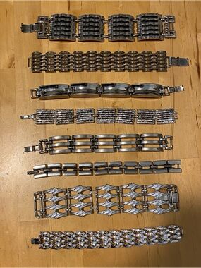 8 Vintage Mid-Century Mod Silver Tone Link Bracelet Lot